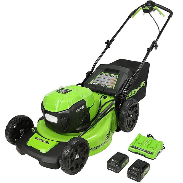 Greenworks 2 x 24V (48V) 21" Brushless Cordless Self-Propelled Lawn Mower, (2) 5.0Ah USB Batteries (USB Hub) and Dual Port Rapid Charger Included