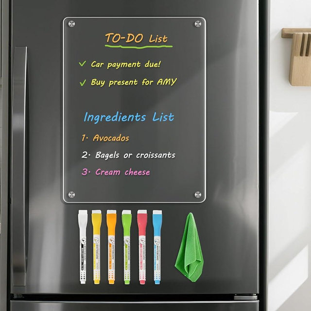 WALGLASS Fridge Acrylic Board, 11"x8" Clear Magnetic Planning Board, Dry Erase Board for Refrigerator, Fridge Planner, 6 Liquid Markers