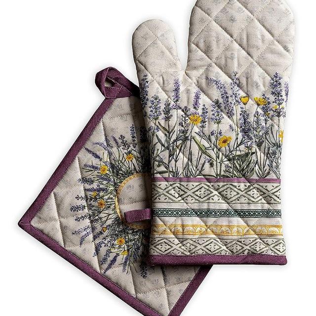 Maison d' Hermine Oven Mitts + Pot Holders 100% Cotton Heat Resistant Oven Mitt (7.5"x13") & Pot Holder (8"x8") for Gifts Cooking BBQ Baking Grilling, Fanny Lavender - Spring/Summer