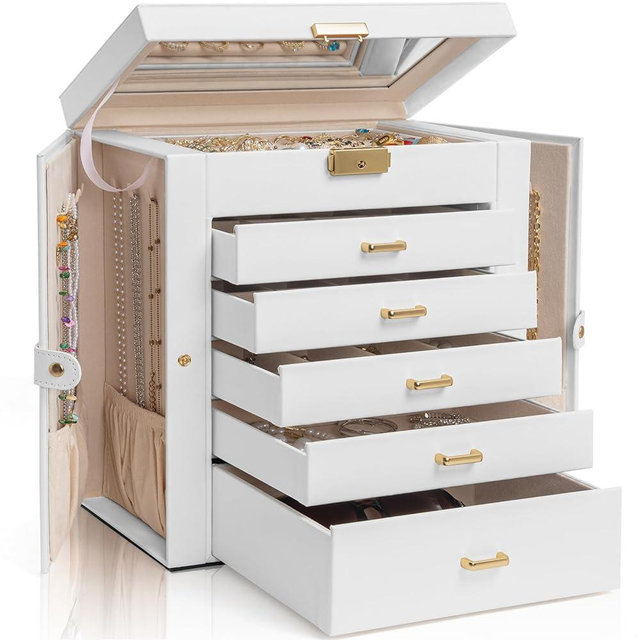 AKOZLIN Large 6-Tier Jewelry Box Lockable Leather Jewelry Storage Case with 5 Drawers for Women Girls Ring Necklace Earring Bracelet Holder Organizer with Mirror