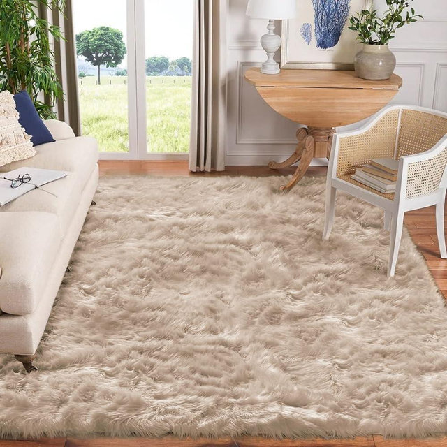 Goolela Beige Faux Fur Fluffy Rug 8x10 Light Brown Shag Plush Fuzzy Shaggy Area Rug for Bedroom Living Room Washable