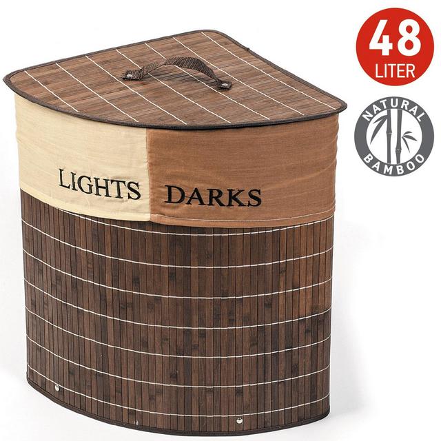 Tatkraft Monaco Corner Bamboo Laundry Basket with Cotton Bag 2 sections for Lights & Darks 48L 35X35X50H cm
