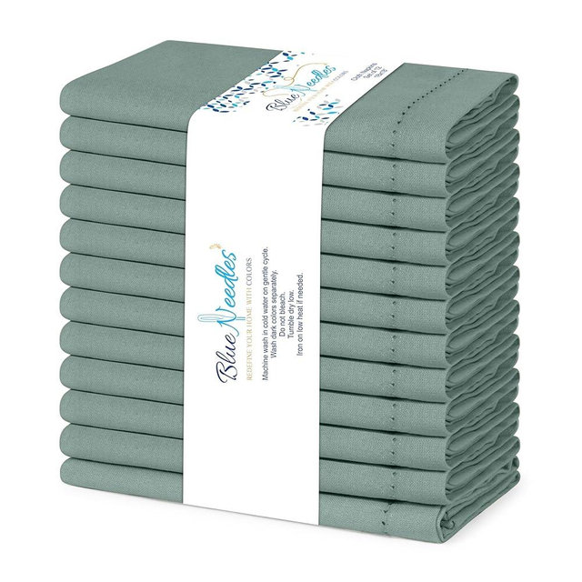 Blue Needles Set of 12 Hemstitch Linen Napkins 100% Cotton Hunter Green Cloth Dinner Napkins 18x18 inches, Soft, Reusable Absorbent Washable, Ideal for Spring Summer Easter Parties & Everyday Use