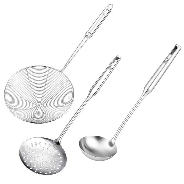 RJ Legend Cooking Spoons Set, Spider Strainer - Slotted Spoon - Soup Ladle, Multi-Use 3 Piece Kitchen Utensil Set, 304 Stainless Steel, Dishwasher Safe