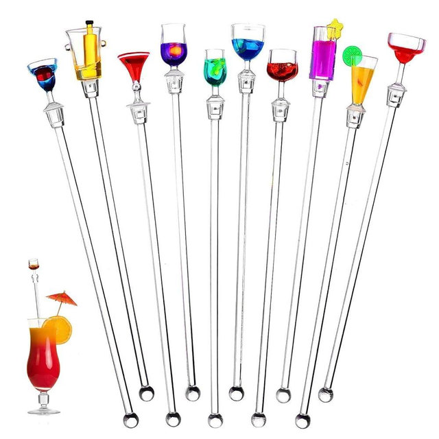 Cocktail Swizzle Stirrer Sticks, Airlxf Pack of 10 Cocktail Mixing Spoons Colorful Acrylic Cocktail Drink Stirrer for Bars Cafes Restaurants Home Use (10)