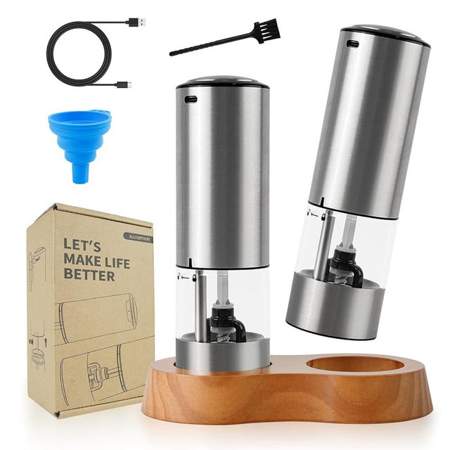 Automatic Rechargeable Electric Salt and Pepper Grinder Set Stainless Steel Shakers Mill Pepper Grinder Set for Kitchen with LED Large Button Adjustable Coarseness USB With Dual Eco-Friendly Wood Base