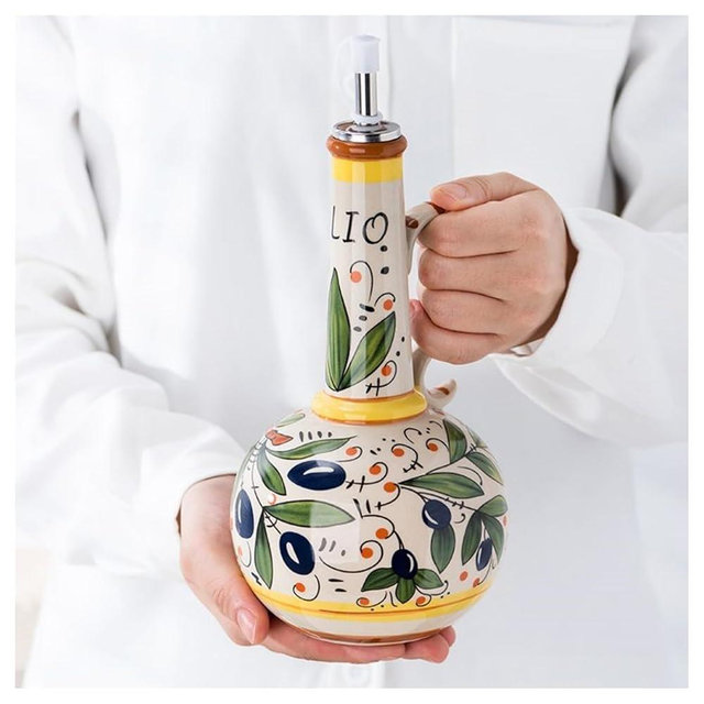 Italian Ceramic Olive Oil Dispenser Bottle 23oz, Hand Painted Olive Oil Bottles, Decorative Stoneware Olive Oil Cruet for Kitchen with Stainless Steel Spout for Oils, Sauces, Vinegar