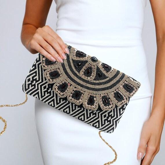 Emma Black Floral Seed Beaded Gem Bag Clutch Crossbody Handbag