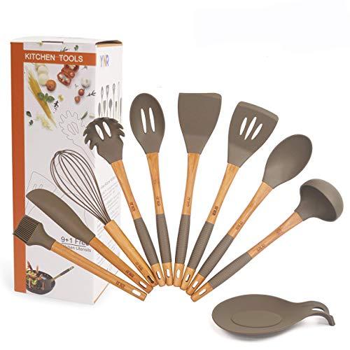 Kitchen Utensil Set and Spoon Rest 10 Pieces Natural Bamboo Wood Handles With Non-Slip Silicone Comfortable Design. Heat Resistant FDA Approved And BPA Free