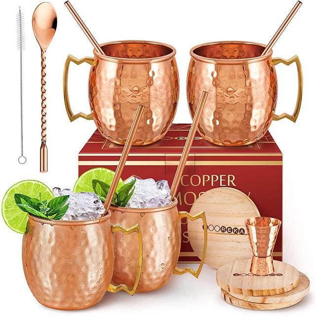 [Gift Set] Moscow Mule Mugs Set Of 4 16 oz Pure Solid Genuine , HANDCRAFTED , Copper Cups , BONUS , Straws, Wood Coasters , Stirring Spoon, Cleaning brush , and Jigger , by Yooreka!