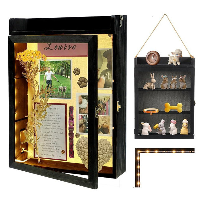 KWYADLUO 11x16 Shadow Box Frame with Light, Memorial Display Case with Shelves and Top Platform, Large Deep Shadow Box for Pet Memorial and Dog Keepsakes, Hanging Rope and Wall-Mountable, Black