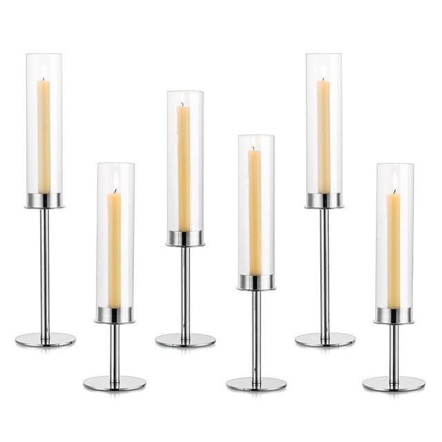 Inweder Silver Candle Holders for Candlesticks - Taper Candle Holders with Removable Glass, Tall Silver Candlestick Holders, Candle Stand Candle Sticks Long Holder for Table Centerpiece, Home, 6Pcs