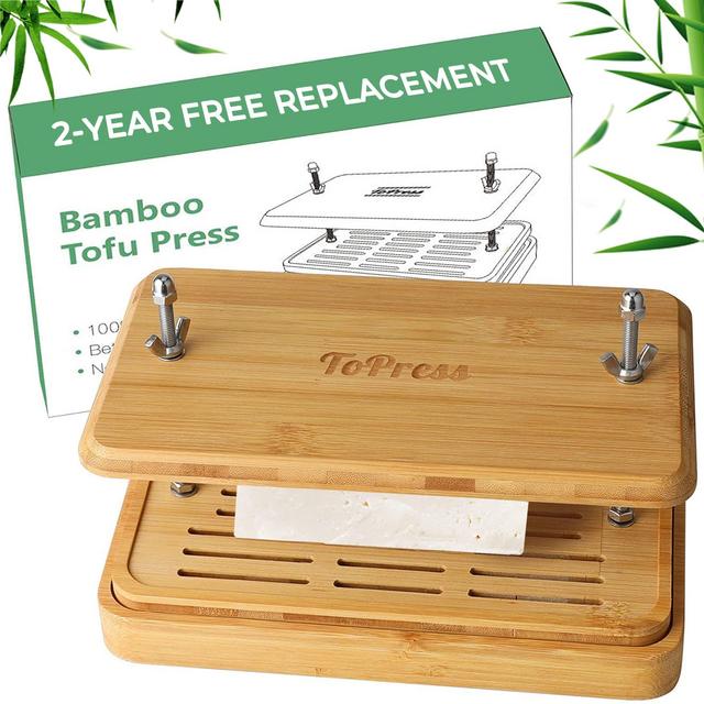 Bamboo Tofu Press, Built in Tofu Strainer and Drip Tray with Cheesecloth- Easily Remove Water from Tofu and other food, Tofu Drainer and Squeezer, Fit for Tofu Size 16oz