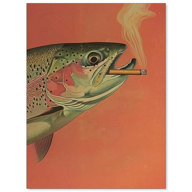 Vintage Trout Smoking a Cigarette Poster Funny Whimsical Wall Art Prints Cabin Decor Outdoor Sports Fisherman Gift for Dad 12x16in unframed for Bedroom Room Living