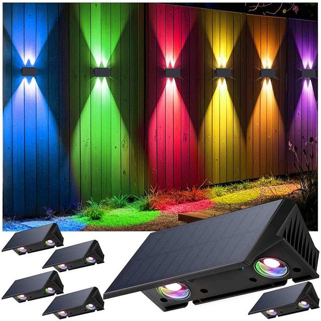 Fence Lights Solar Powered, 6-Pack Solar Fence Lights Up/Down Flexible Buttons, IP67 Waterproof for Outdoor, 120LM Bright, Auto Dusk to Dawn for Wall/Stairs/Yard/Railing/Deck/Pathway (White & RGB)