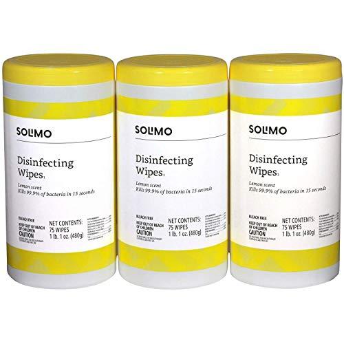 Amazon Brand - Solimo Disinfecting Wipes, Lemon Scent, 75 Wipes Each (Pack of 3)