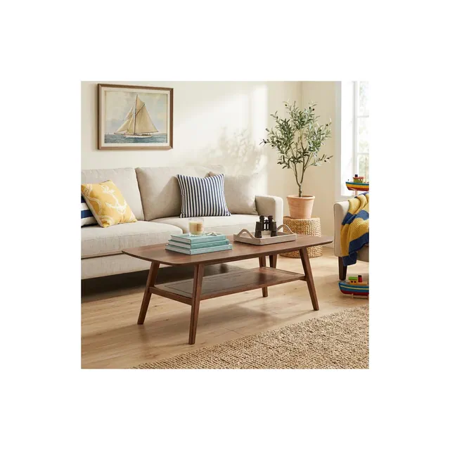 Mid‑Century Modern Wood Coffee Table with Lower Storage Shelf for Living Room