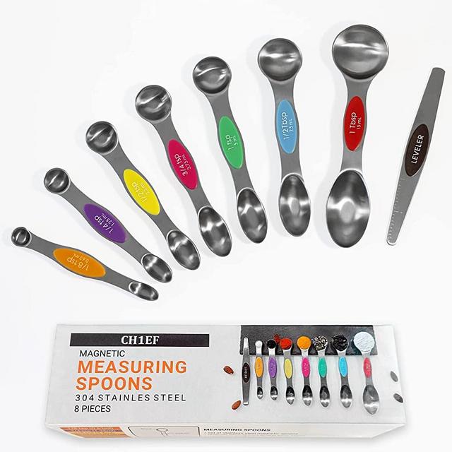 CH1EF Magnetic Measuring Spoons Set Stainless Steel Dual Sided Stackable Measuring Spoon Set of 8 Nesting Teaspoons Tablespoons for Measuring Dry and Liquid Ingredients (Multicolor)