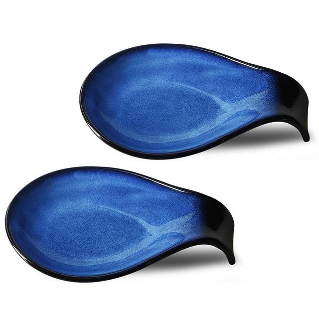Nihow Ceramic Spoon Rest: 4 Inch Stable Utensil Rest - Heat Resistant Spoon Holder for Kitchen counter/Countertop/Stove Top - Dishwasher Safe - Elegant Black & Blue (Set of 2)