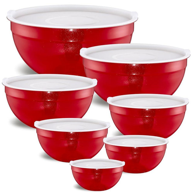 Moxinox Red Mixing Bowls with Airtight Lids, Stainless Steel Nesting Mixing Bowls Set of 7, Ideal for Baking, Prepping and Serving Food, Size 7, 3.6, 2.7, 2.1, 1.5, 1.1,0.8 QT, Stackable Design