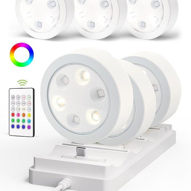 EZVALO Puck Lights with Remote,1200mAh Rechargeable Tap Light,RGB LED Display Lighting, Wireless Closet Light,Under Cabinet Lighs,Sitck On Lights for Kitchen,Closet,Pantry,Shelves(6 Packs)