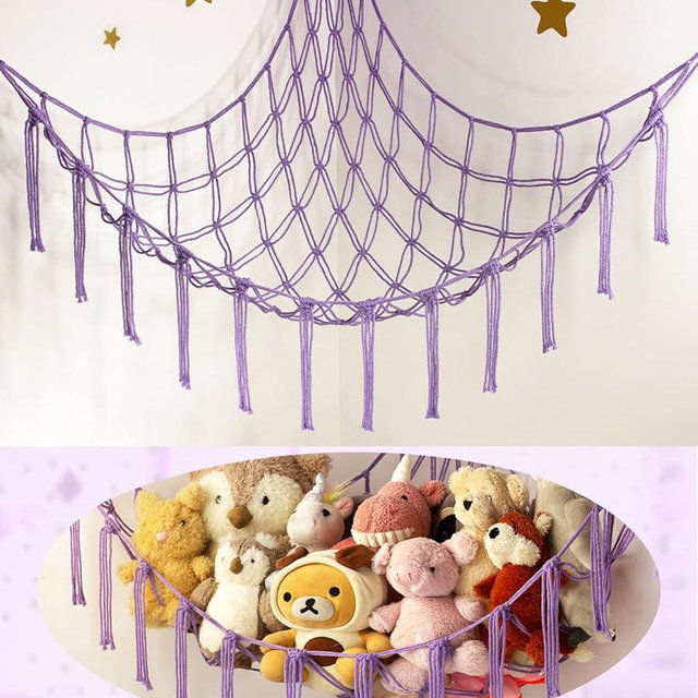 Stuffed Animal Storage Hammock or Net - Toy Hammock Net for Stuffed Animals Corner - Hanging Stuff Animal Organizer Holder Ideas for Plush Plushie - Purple Kids Baby Nursery Wall Bedroom Room Decor