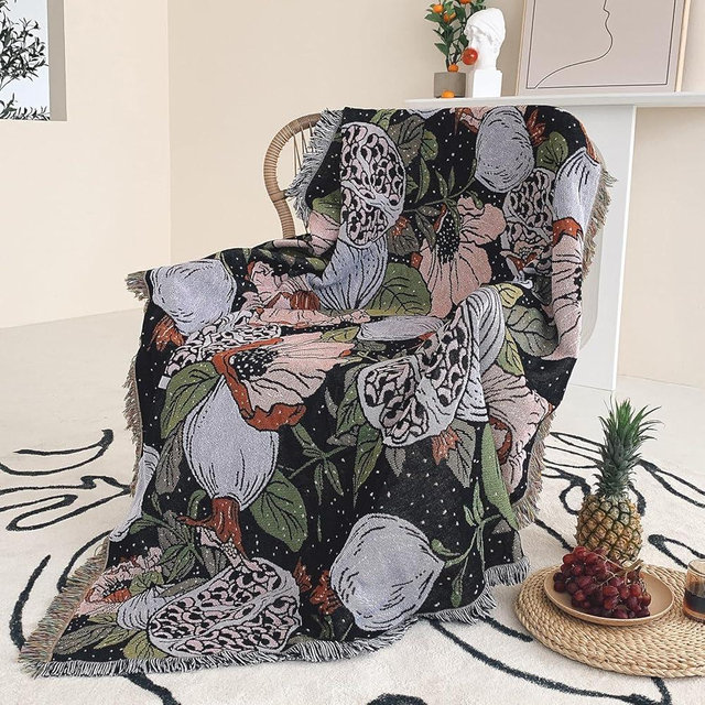 Shesyuki Boho Throw Blanket Reversible Cotton Bohemian Tapestry Hippie Room Decor Double Sided (Boho Flower Dark 50"x60")