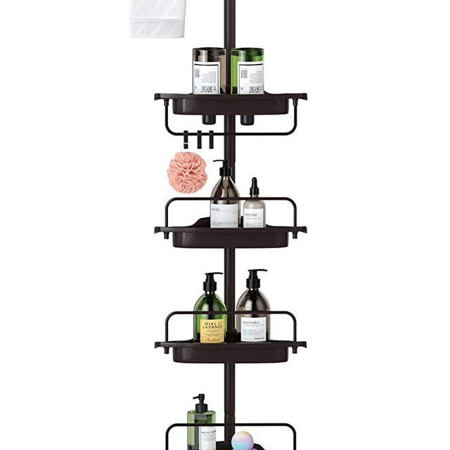 ALLZONE Tension Corner Shower Caddy, Rustproof Stainless Steel Pole, 4 Adjustable Trays, Strong and Sturdy, 56-114 Inches