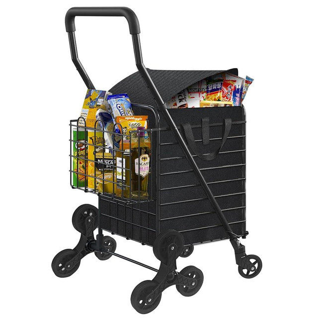 Kiffler Grocery Shopping Cart with Waterproof Liner Stair Climber Utility Cart Easily Collapsible Cart with Tri-Wheels, 66lb Extended Foam Cover, Trolley for Stair, Laundry, Travel (Black-)
