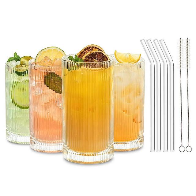 KEMORELA Vintage Ribbed Glassware Set, 16oz XL Drinking Glasses With Straws, Ribbed Glassware Set of 4, Glass Cups, Iced Coffee Cups Ideal for Whiskey, Cocktail, Iced Coffee, Juice, Beer, Soda