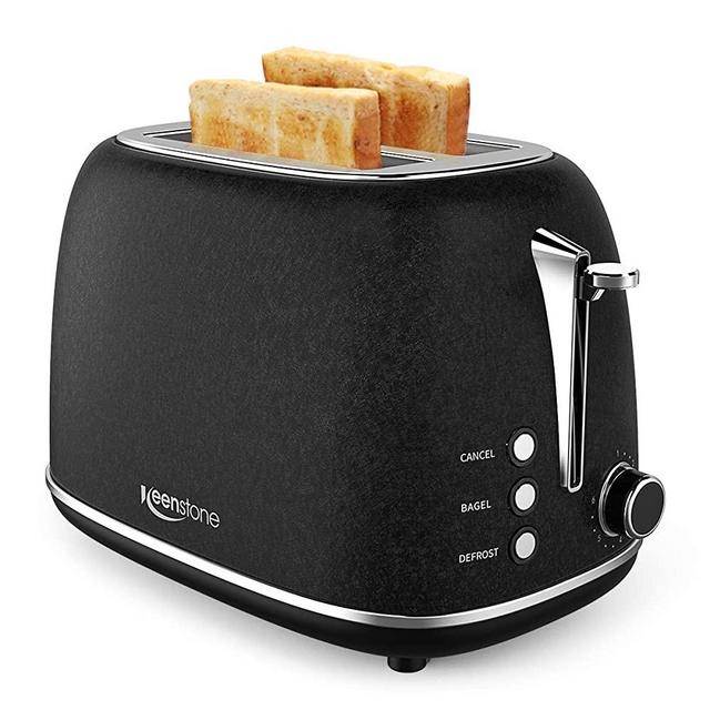 2-Slice Retro Toasters, Anti-fingerprint Stainless Steel Toaster with Wide Slots, Bagel/Defrost/Cancel Function, Removable Tray, Black