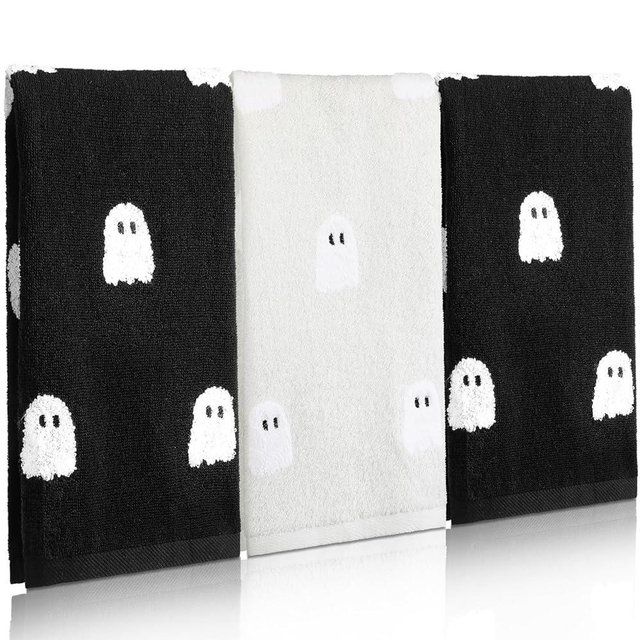 Oudain 3 Pcs Halloween Ghost Hand Towels for Bathroom 100% Cotton Ghost Embroidered Kitchen Towels 13.7 x 29.5 Inch Rustic Gifts for Halloween Bath Shower Farmhouse Decors Housewarming