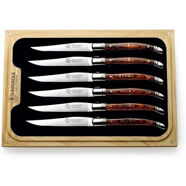 Laguiole California Steak Knives - 6 Piece Rosewood Set - Ergonomic Handles - Stored in a California Oakwood Gift Box - Extremely Sharp
