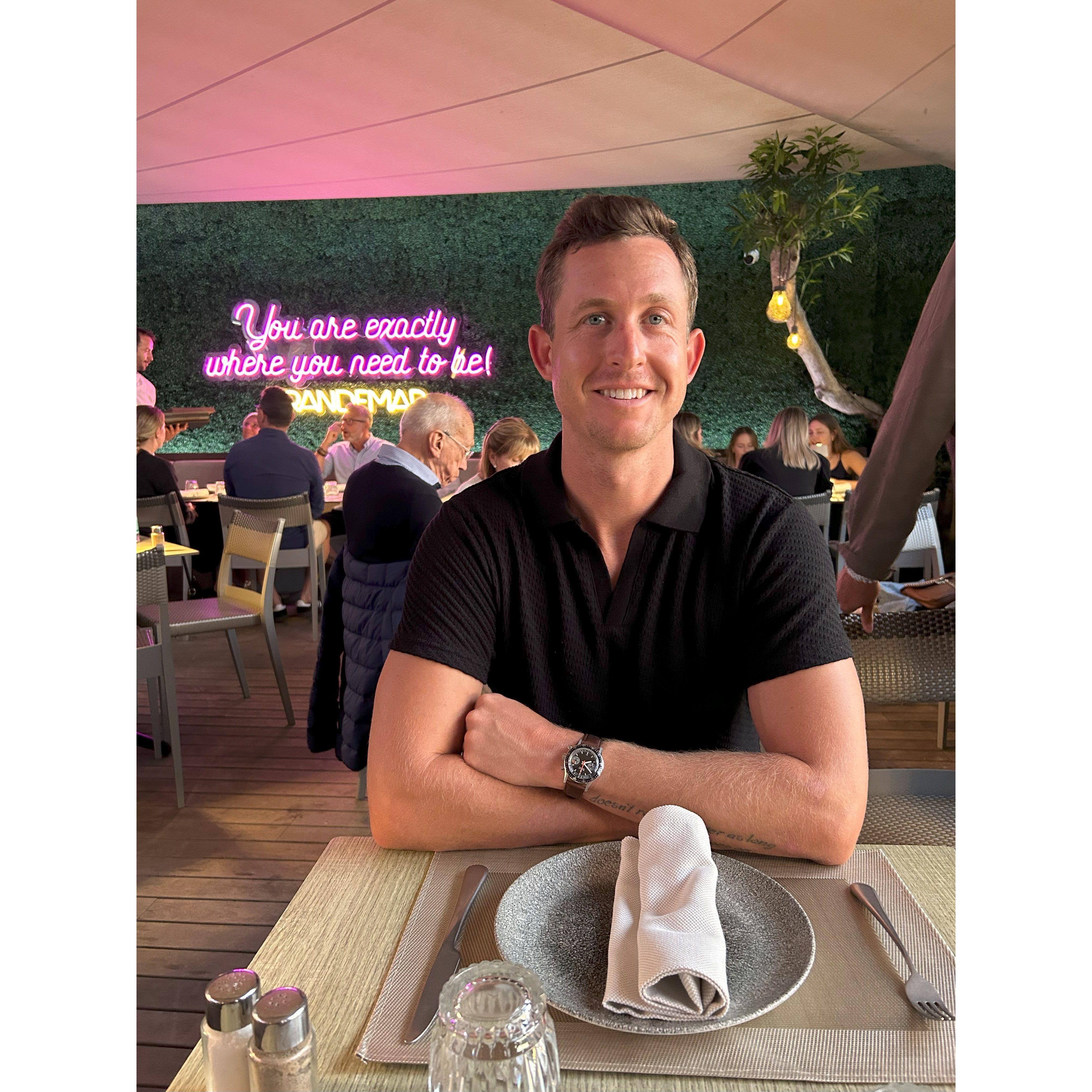 This was the restaurant in Mallorca that we had dinner at the night Nick  proposed. How perfect that the neon sign read: You are exactly where you are supposed to be!