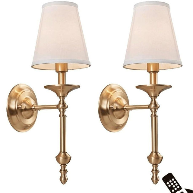 KEFA Rechargeable Battery Operated Wall Sconces with Remotes & Bulbs, American Antique Brass Vintage Fabric Shade Battery Powered Wall Light, No Wiring Wall Lamp for Living Room Hallway Bedroom Porch