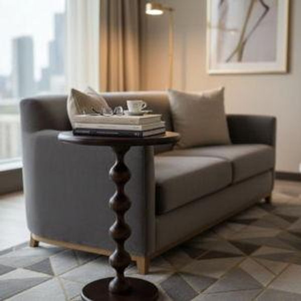 Modern Chic Wood Side Table with Sculptural Pedestal – Handmade Wooden Accent Furniture for Living Room, Bedroom or Office Decor - Walnut Stain, 16 Inch (40 cm)