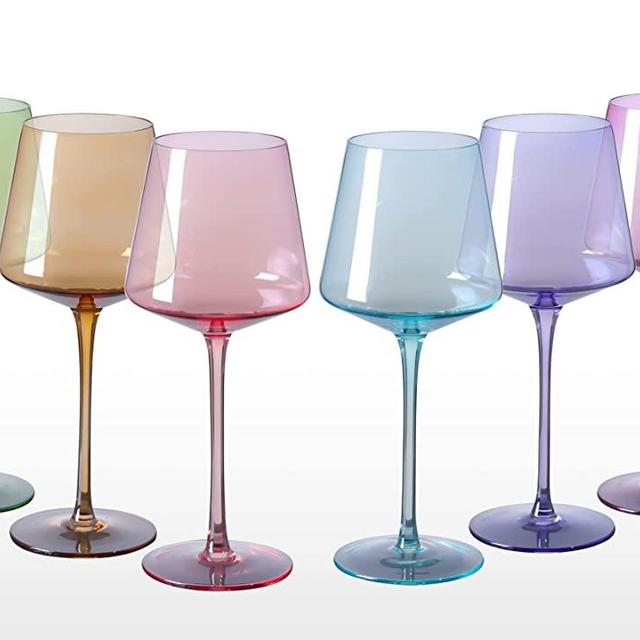 comfit Colored Wine Glasses set of 6-Crystal Colorful Wine Glasses With Long Stem,Square wine glasses with flat bottom,Ideal for full-bodied wine,Wine gifts for wedding,housewarming16OZ