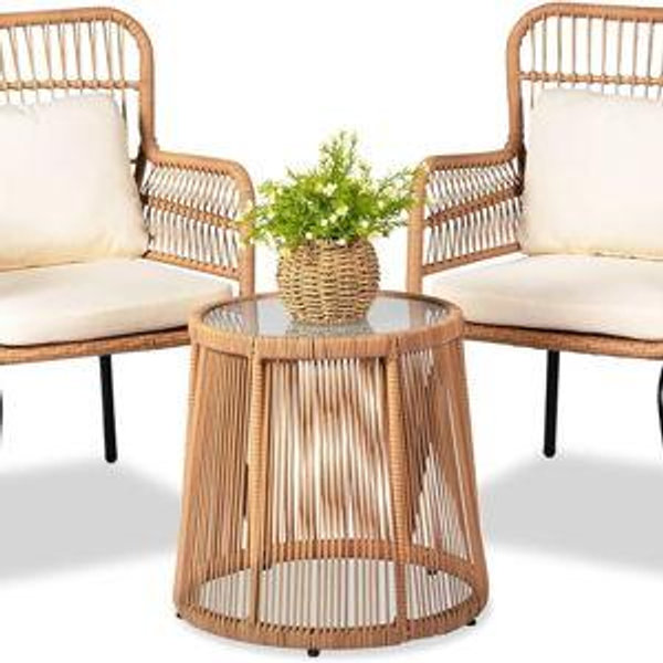 3 Piece Outdoor Wicker Furniture Bistro Set, Rattan Chairs Conversation Sets Wicker Patio Furniture for Balcony Poolside Backyard, Yellow/Beige