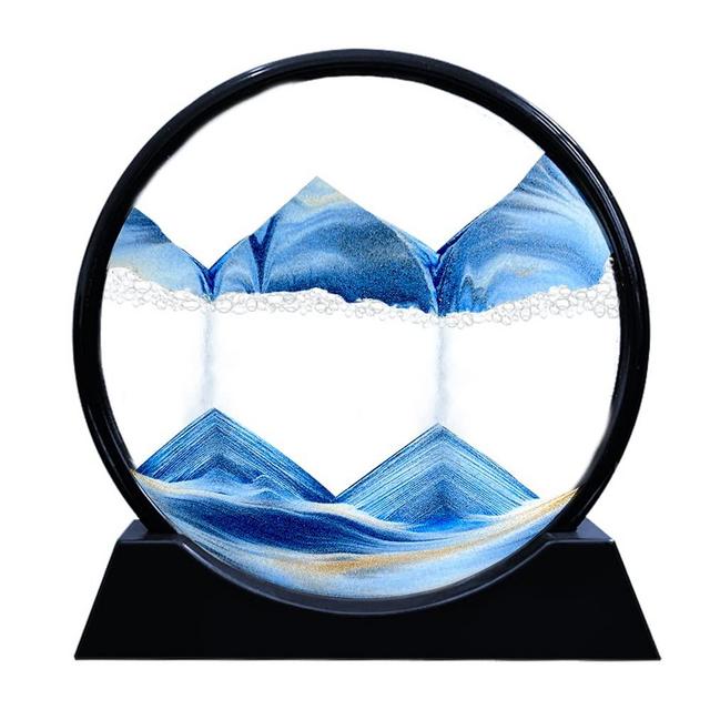 Aoderun Moving Sand Art Picture Round Glass 3D Deep Sea Sandscape in Motion Display Flowing Sand Frame Relaxing Desktop Home Office Work Decor (7", New Blue)