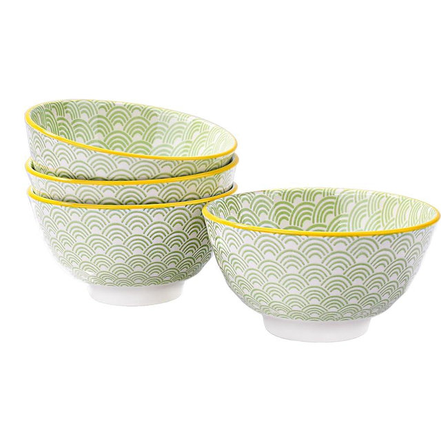 Swlthwen 4.5" Ceramic Rice Bowl, Set of 4, Japanese Threaded Bowl, Dessert, Snack, Cereal, Rice, Kitchenware (GBL)