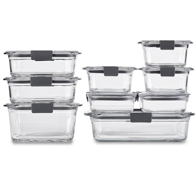 Rubbermaid Brilliance Glass Food Storage Containers, Assorted Sizes, Set of 9, BPA-Free, Leak-Proof, Clear