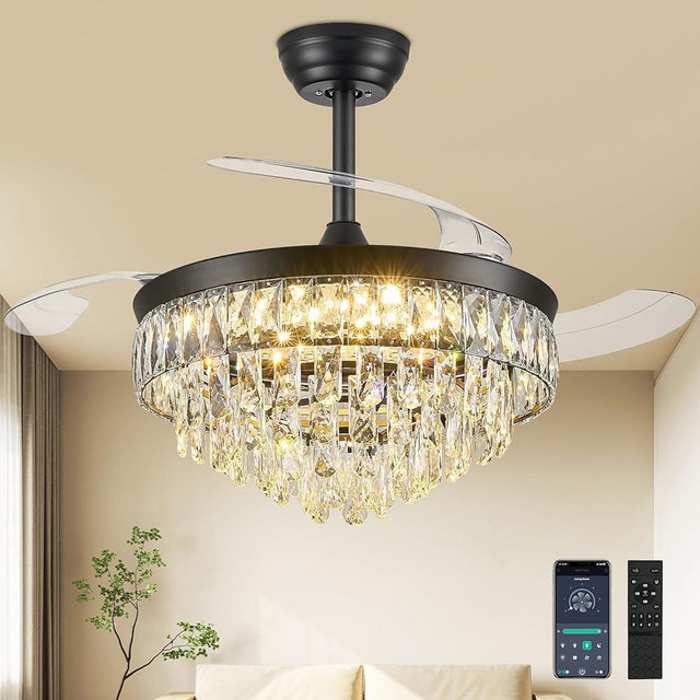 Deliyfans 42'' Chandelier Ceiling Fan with Lights, Retractable Fan with Remote and APP, Crystal Fandelier Ceiling Fan, Dimmable LED, Reversible Motor, Quiet for Bedroom Living Room-Black