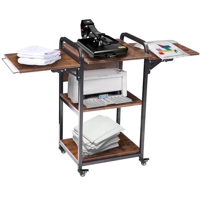 BETTAHOME Heat Press Table, Transfer Sublimation Cart Stand, 3 Tier Storage with Rolling Wheels, Heavy Duty Metal Frame, Rustic Brown and Black
