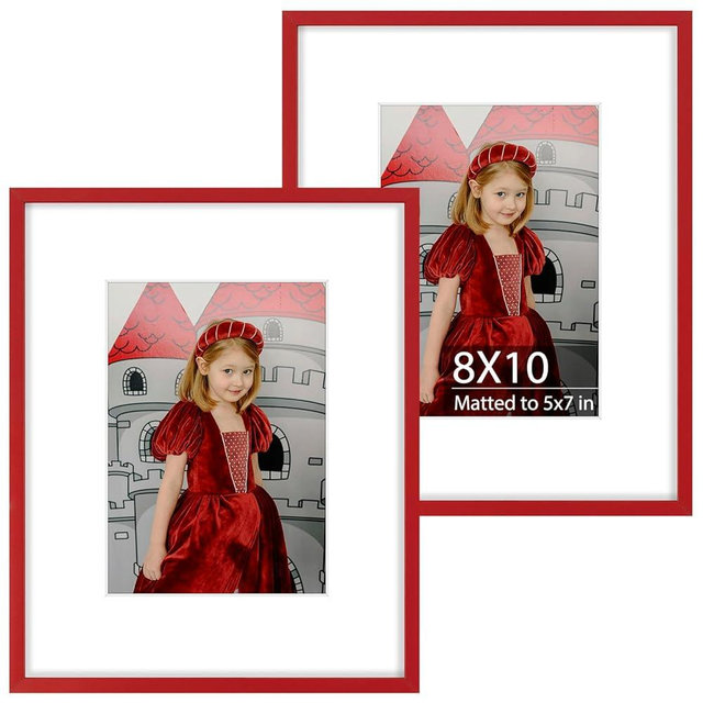 Set of 2 Red 8x10 Aluminum Picture Frames with Mat for 5x7 Photos - Durable HD Plexiglass for Superior Clarity - Versatile Colorful Metal Frames Ideal for Wall Mounting Vertically or Horizontally