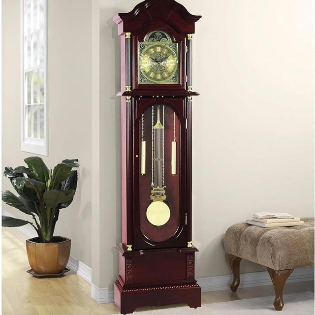 Traditional Floor Standing Grandfather Clock, 72-inch, Cherry Finish, Metal Dial with Roman Numerals, Westminster Chime, 19.25W x 71.63H inches, Battery Powered