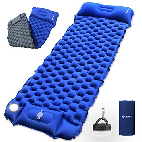 Camping Sleeping Pad Inflatable UPBOXN, Camping LED Light with Built-in Foot Pump Ultralight Waterproof Sleeping Mat with Pillow for Backpacking, Camp, Hiking, Travel with Carrying Bag