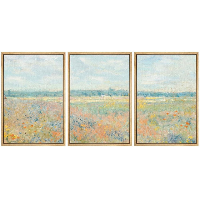 wall26 Framed Canvas Print Wall Art Set Wildflower Field Panorama Impressionist Landscape Illustrations Modern Art Decorative Floral Botanical Minimal for Bedroom - 24"x36"x3 Natural