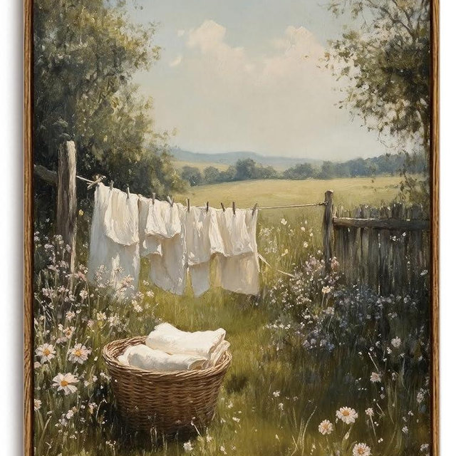 KISSFOX Vintage Framed Wall Art For Laundry Room Decor Country Landscape Pictures Wall Decor Rustic Summer Wildflower Canvas Art Prints Modern Farmhouse Paintings Artwork