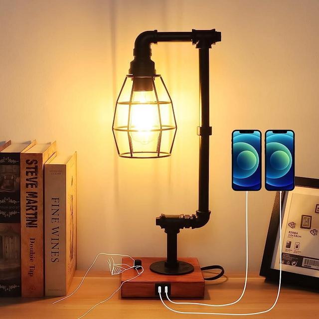 Zorykn Steampunk Table Lamp, Fully Stepless Dimmable Industrial Nightstand Lamp with Dual USB Ports, Metal Pipe Edison Rustic Lamp for Living Room, Bedroom, Farmhouse Decor, 6W LED Bulb Included