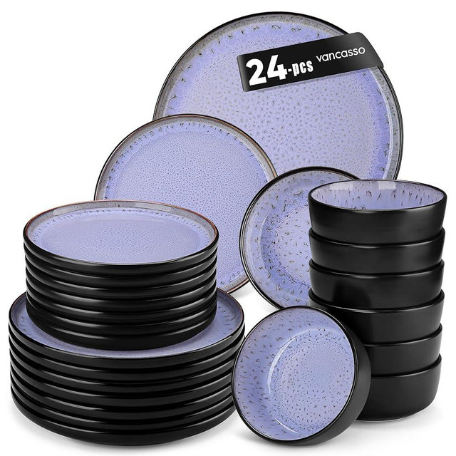 vancasso Plates and Bowls Sets, 24 Pieces Stoneware Dinnerware Sets for 8, Kitchen Dish Set Mircowave and Dishwasher Safe Ceramic Dishware, Purple, Series AMBER